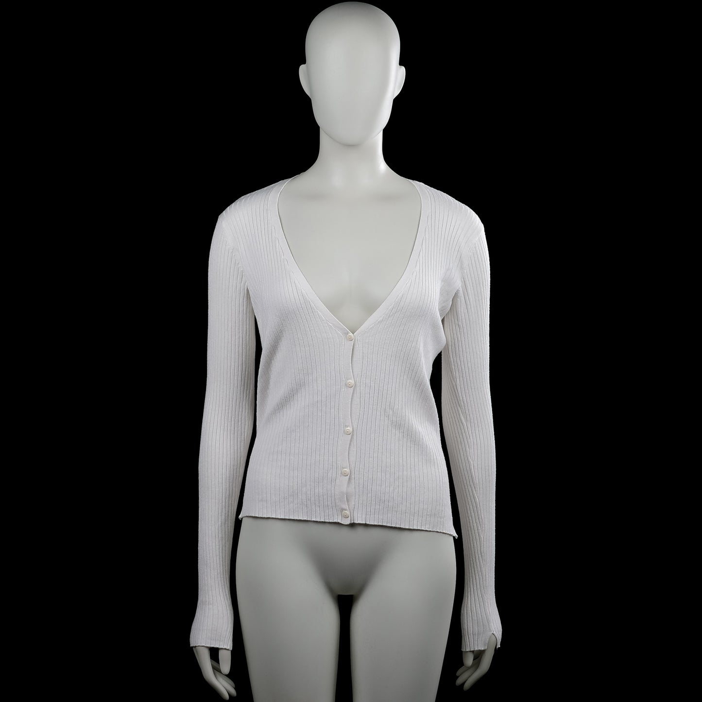 Bershka - Cardigan - White - Size L - White solid ribbed cardigan with a V-neckline and front button closure. Long sleeves with plain cuffs and a straight hem.