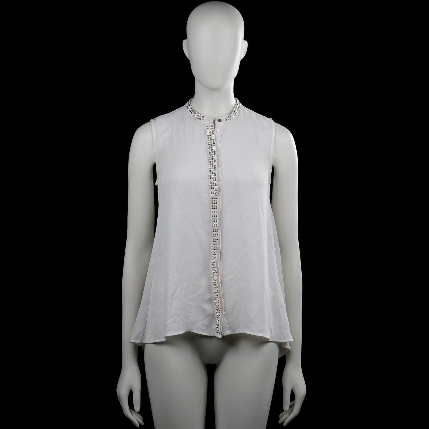 H&M - Blouse - White - Size 34 - White sleeveless solid top with a round neckline and a partial front button placket. Features stud detailing along the neckline and placket and a curved hem.