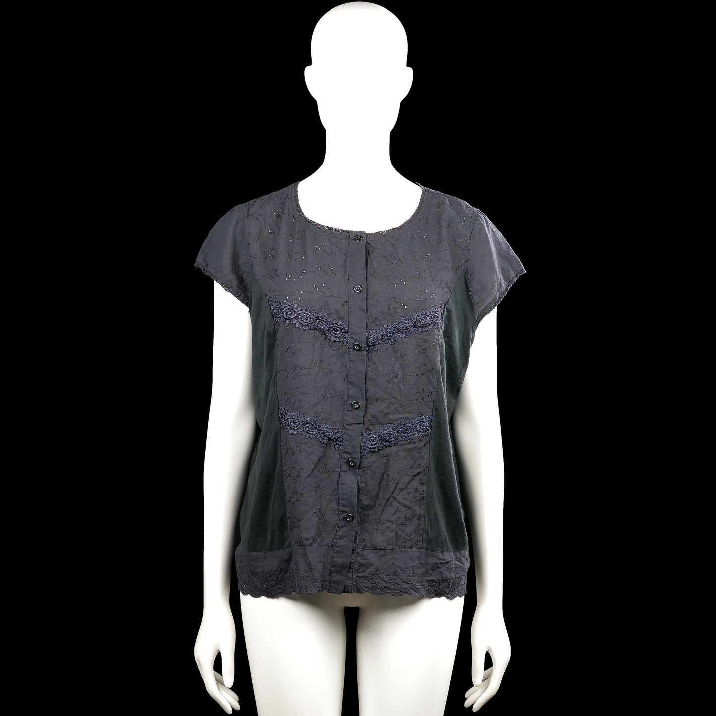 Moeeyi - Blouse - Dark Gray - Size XL - Dark gray top with a round neck and short sleeves. Features a front button placket and an all-over dotted pattern with straight hem.