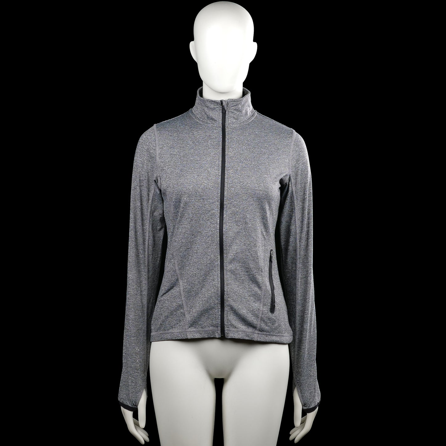 Stadium - Sports top - Gray & Black - Size M - Gray solid long-sleeve top with a high neck and full-length front zipper. Features black zipper trim, a zip pocket, plain cuffs, and a straight hem.