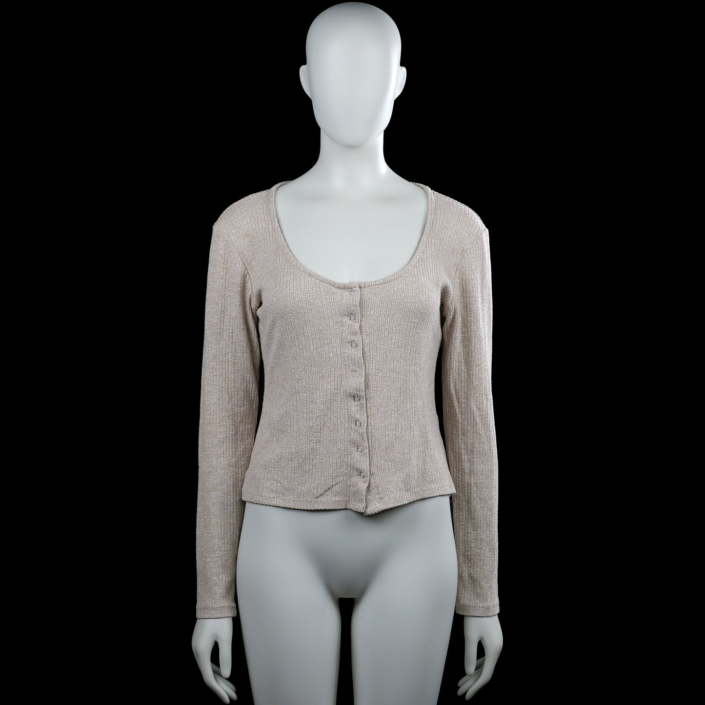 Nly trend - Cardigan - Beige - Size M - Beige solid ribbed top with a scoop neckline and long sleeves. Features a front button closure, plain cuffs, and a straight hem.