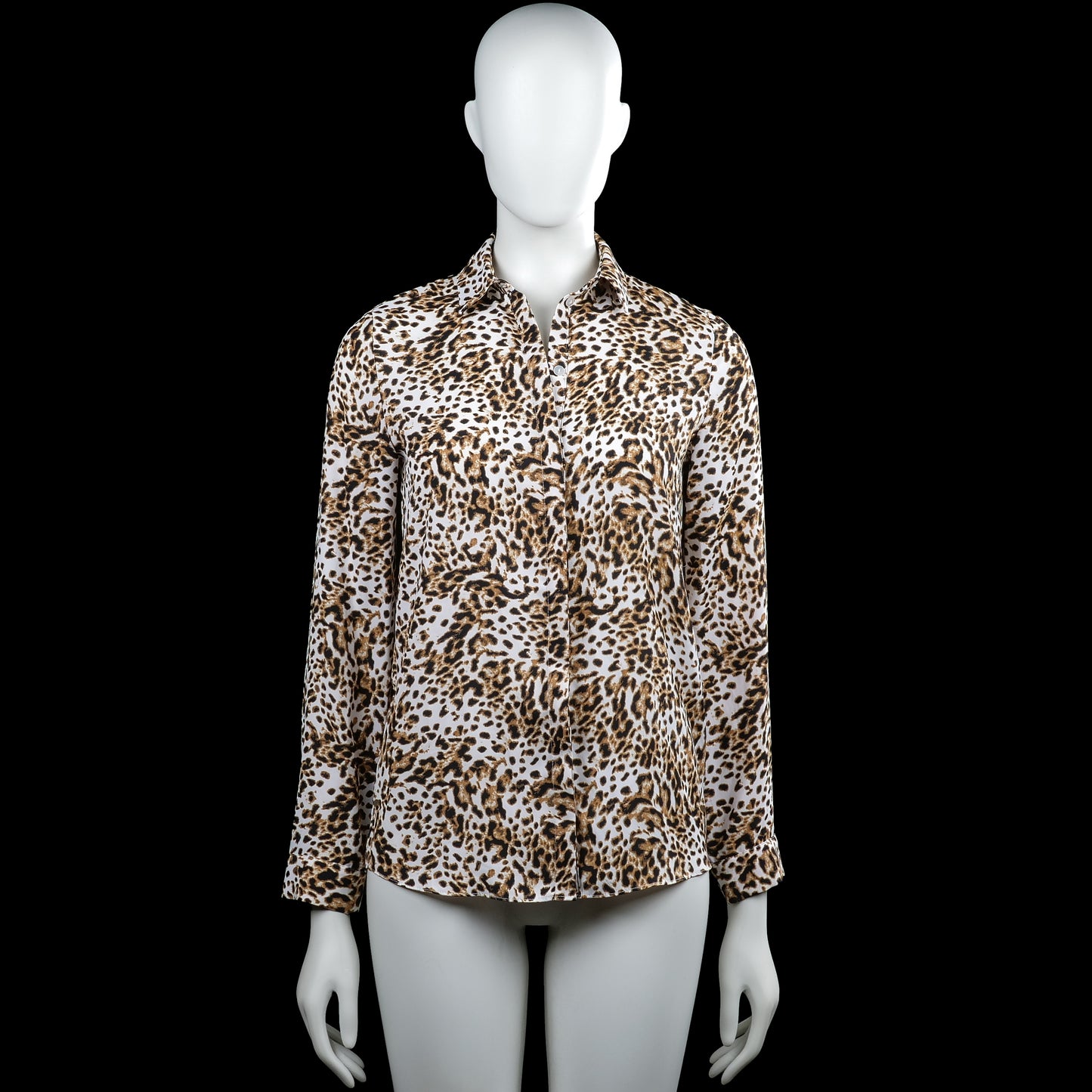 Primark - Shirt - White & Brown - Size 32 - White and brown leopard-pattern button-up shirt with a classic collar and long sleeves. Features button cuffs and a curved hem.