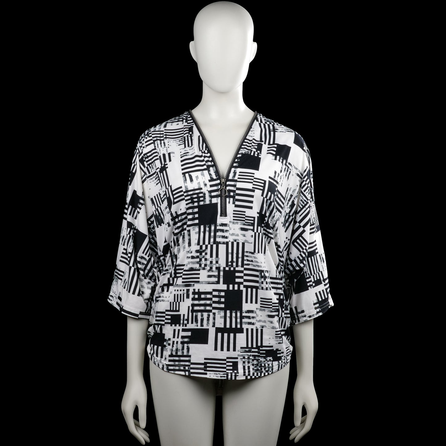 Tutti frutti - Long-sleeve top - White & Black - Size M - White and black top with an all-over geometric print and a V-neck with a short zipper. Features three-quarter sleeves with plain cuffs and a straight hem.