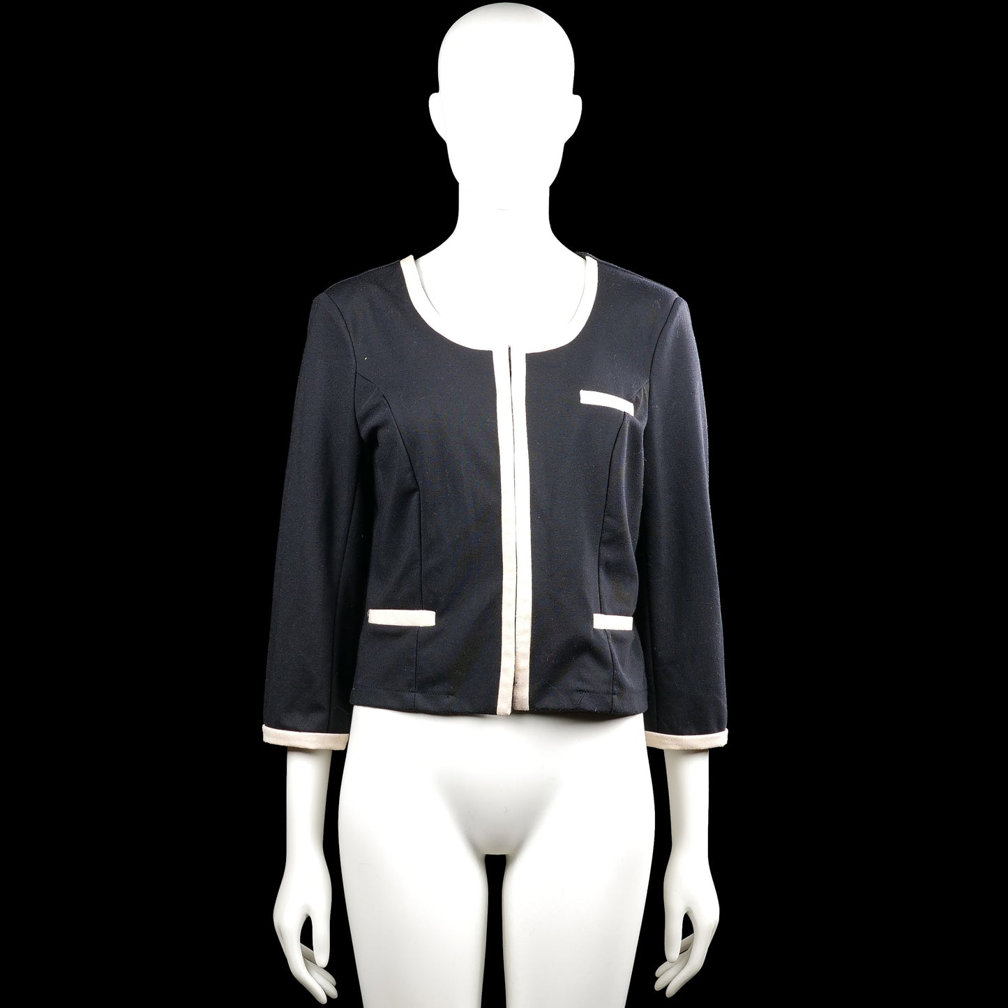 Blazer - Navy & White - Size S - Navy solid jacket with a round neckline and long sleeves with white trim at the cuffs and front opening. Features decorative white-trimmed pocket accents and a straight hem.
