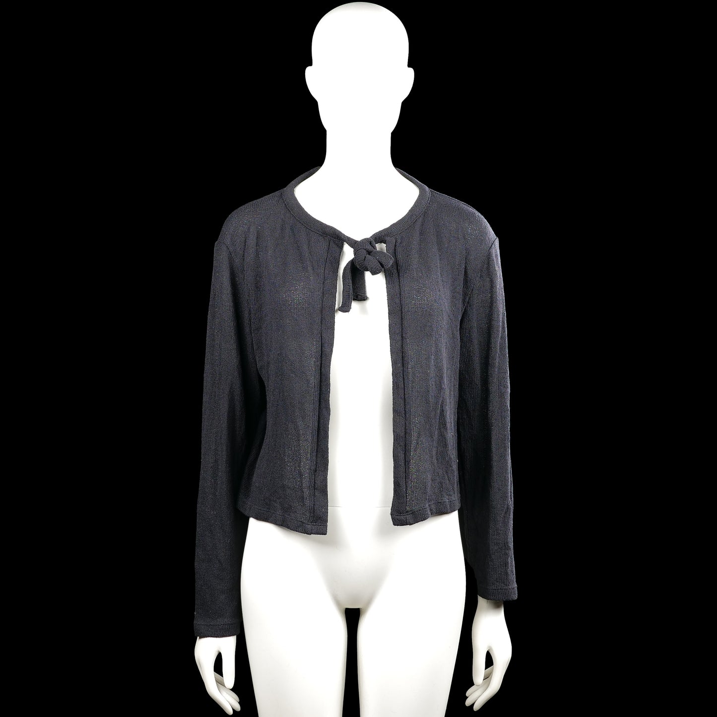 157 - Cardigan - Charcoal - Size S - Charcoal solid open-front cardigan with a round neckline and a tied bow closure at the chest. Long sleeves with plain cuffs and a straight hem.