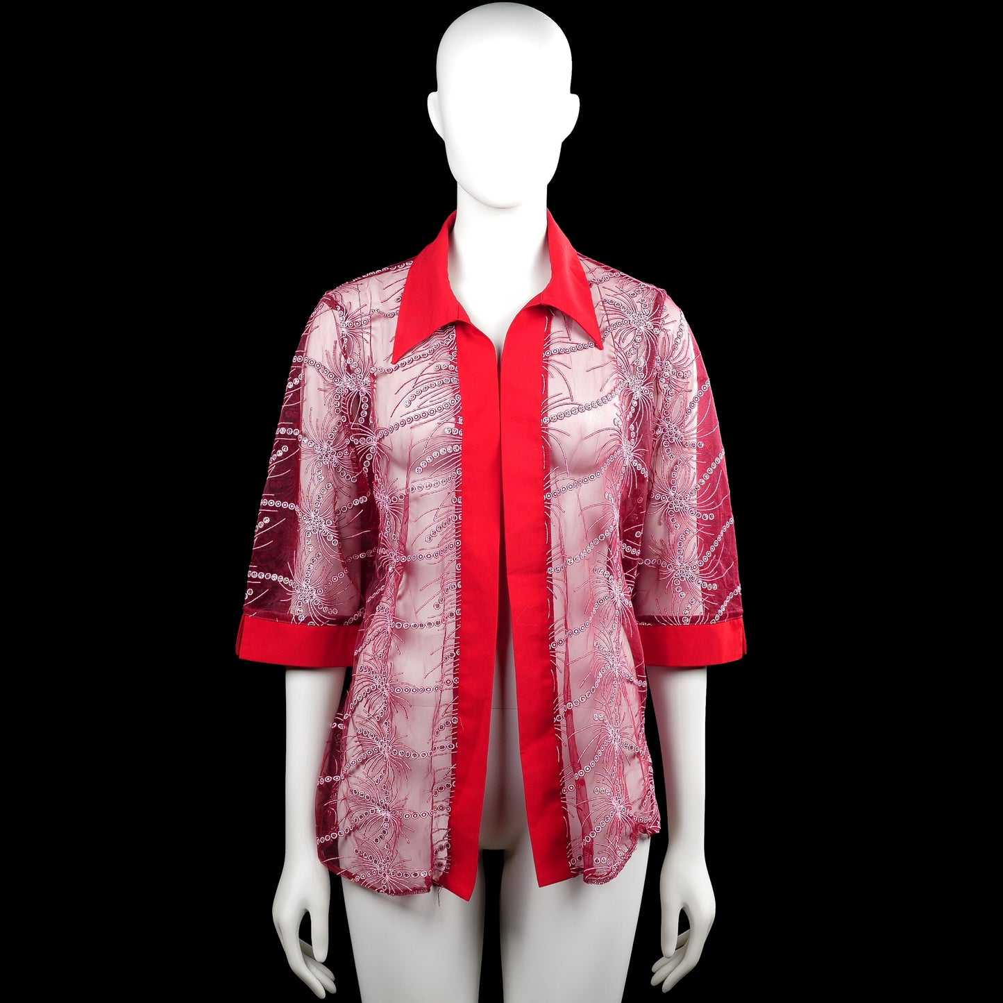 Cardigan - Red & Pink - Size L - Red and pink printed open-front top with a classic collar and three-quarter sleeves. Features wide plain cuffs and a curved hem.