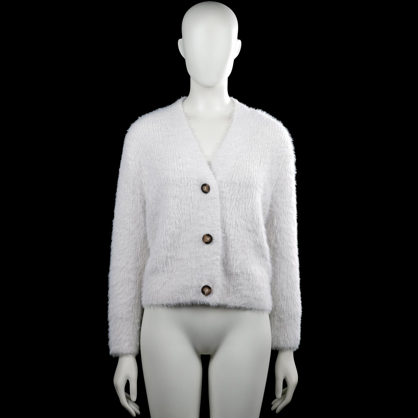 Cardigan - White - Size M - White solid long-sleeve cardigan with a V-neck and button-front closure. Straight hem and plain cuffs.