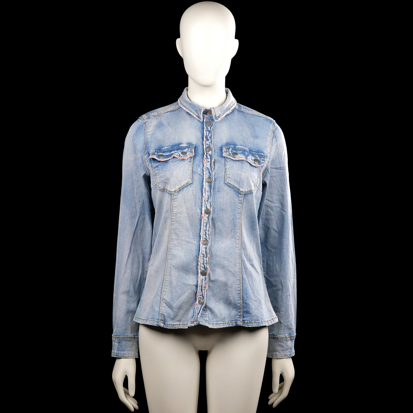 .Object - Shirt - Light Blue - Size 40 - Light blue solid button-up shirt with a classic collar and long sleeves with button cuffs. Features two buttoned chest flap pockets and a curved hem.