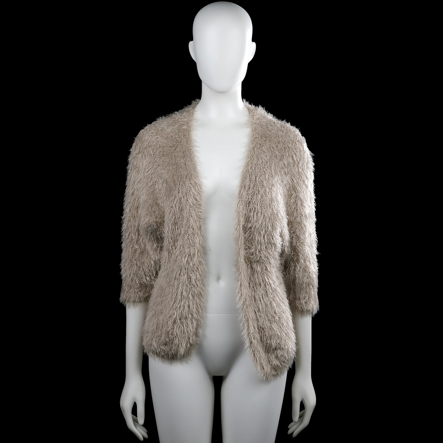 Mix by - Cardigan - Taupe - Size M - Taupe solid open-front cardigan with a V-neckline and three-quarter sleeves. Asymmetrical hem with plain cuffs and no visible closures.
