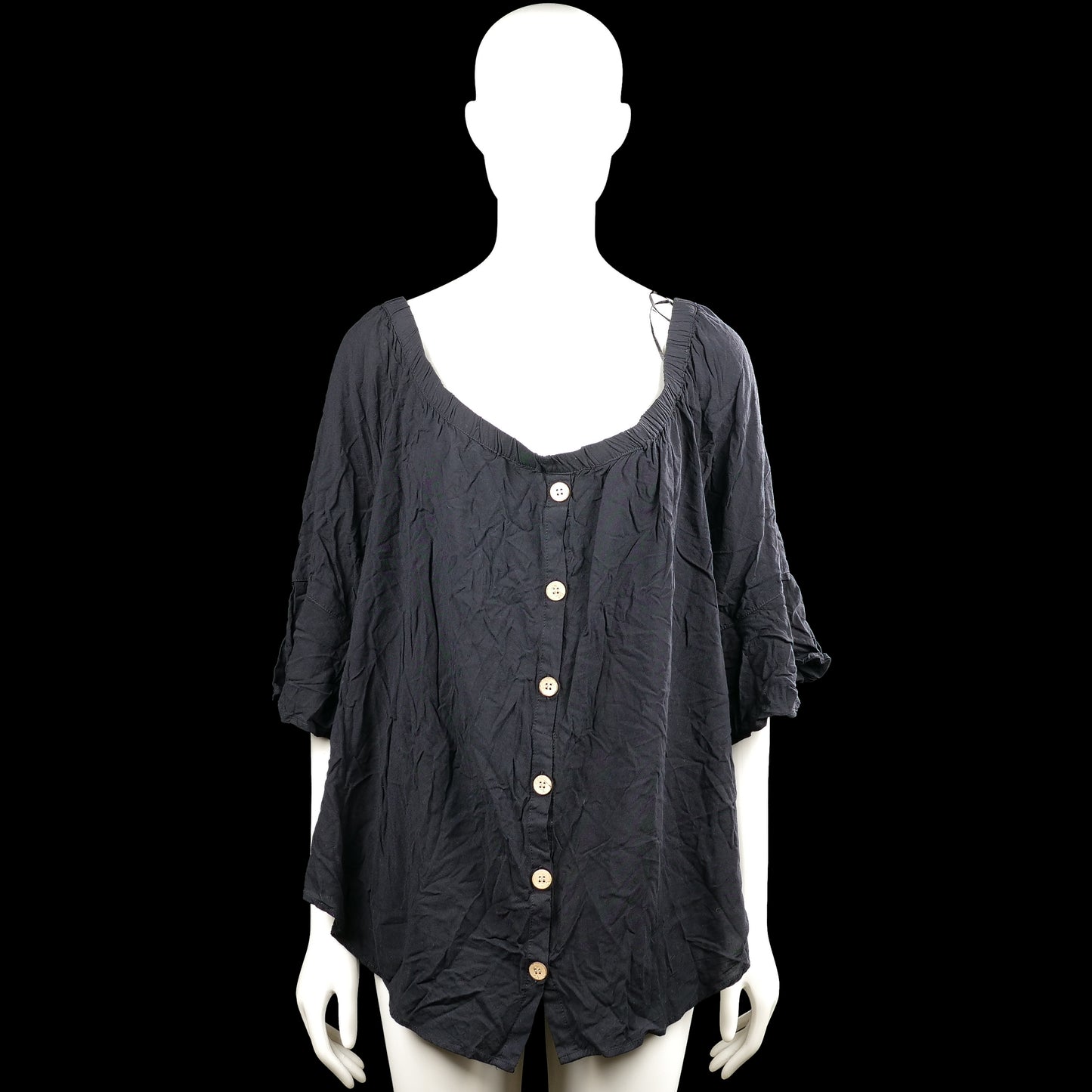 Ladies - Blouse - Black - Size 50, 52 - Black solid top with an elasticated scoop neckline and a front button placket. Features three-quarter sleeves with flared cuffs and a curved hem.
