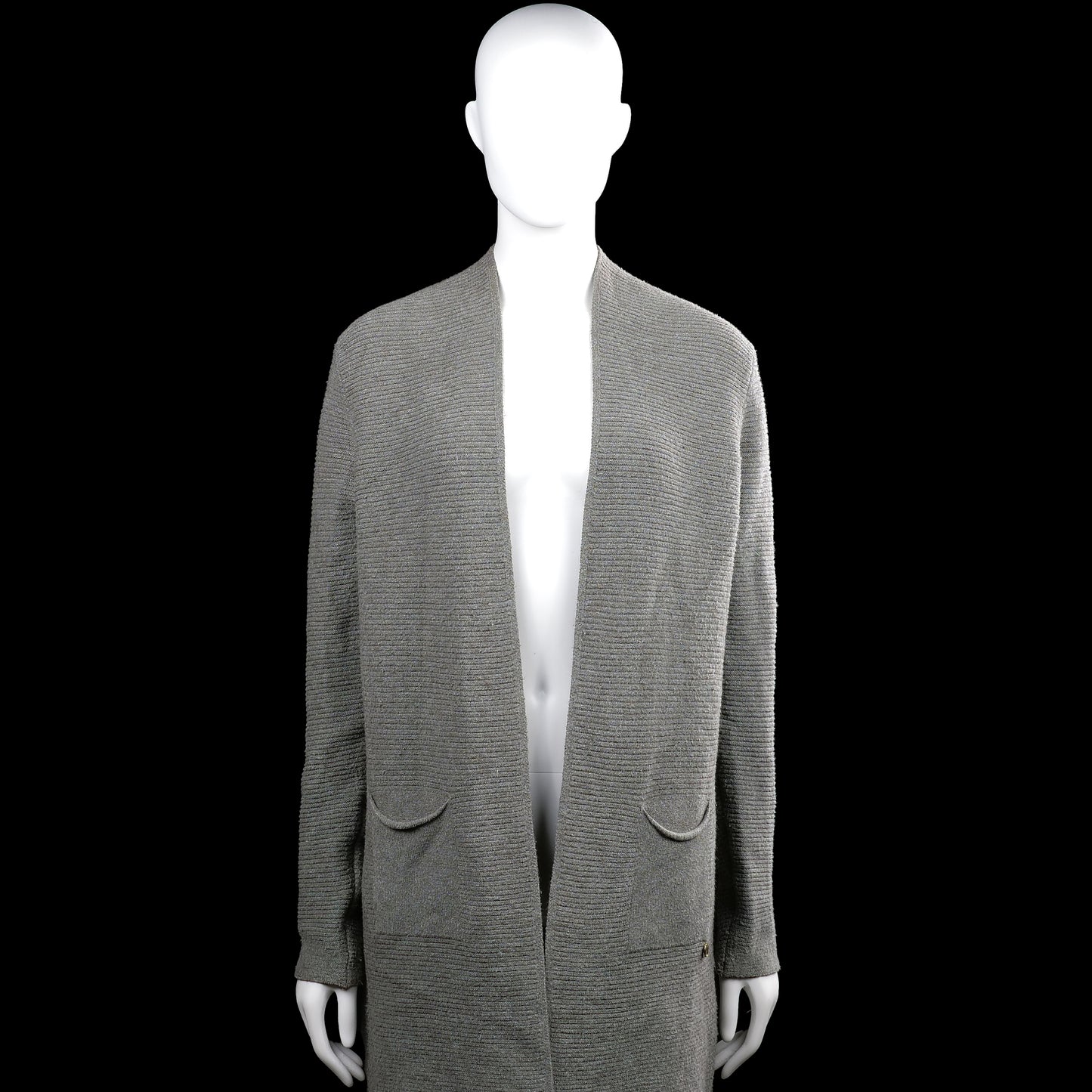 Bluoltre - Cardigan - Gray - Size S - Gray solid long-sleeve open-front cardigan with a V-neck opening and two front patch pockets. Straight hem and plain cuffs.