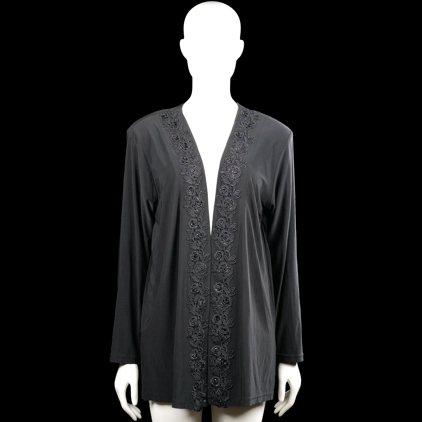 Secenek - Cardigan - Black - Size L - Black solid long-sleeve open-front cardigan with a V-neck opening and floral embroidery trim along the front edges. Straight hem and plain cuffs.