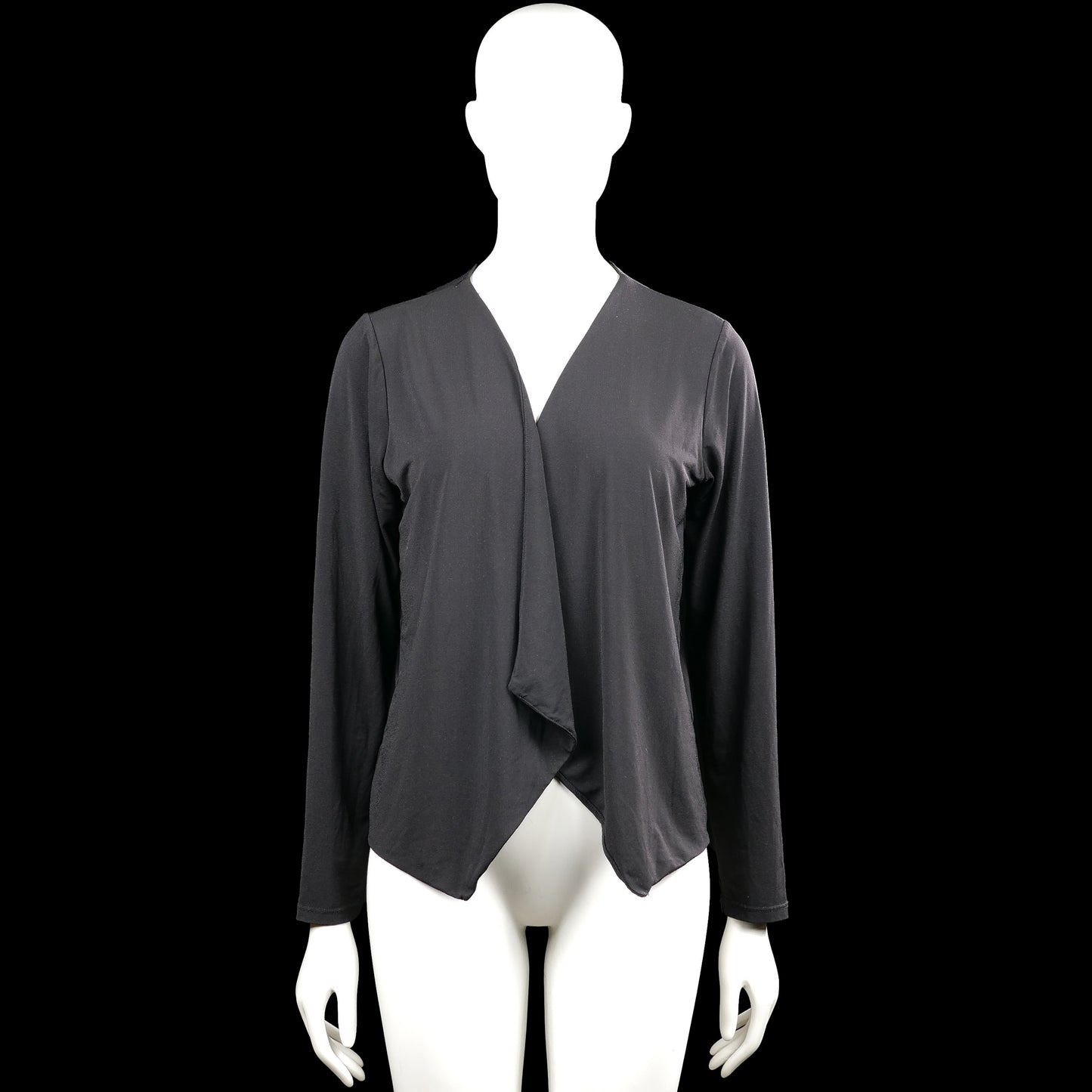 Lindex - Cardigan - Black - Size M - Black solid long-sleeve top with a V-neck and an open front drape. Asymmetrical hem and plain cuffs.