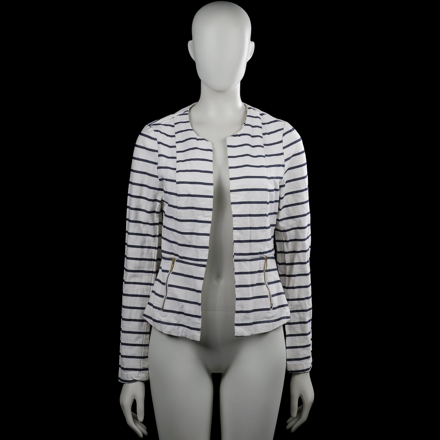 Miss etam - Blazer - White & Navy - Size 36 - White and navy striped open-front jacket with a round neckline and long sleeves. Features two vertical zip pockets at the front and a straight hem with plain cuffs.