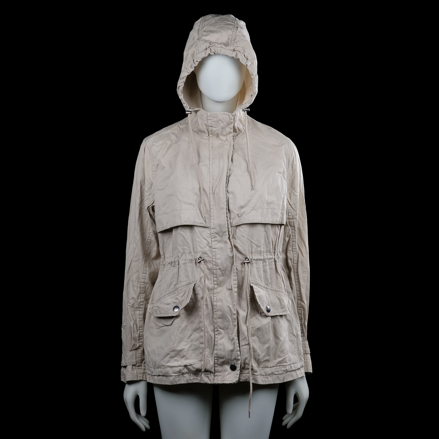 Jazlyn - Safari jacket - Beige - Size XL - Beige solid hooded jacket with a high front placket and drawstrings at the hood and waist. Long sleeves with button cuffs, flap pockets with snap buttons, and a straight hem.