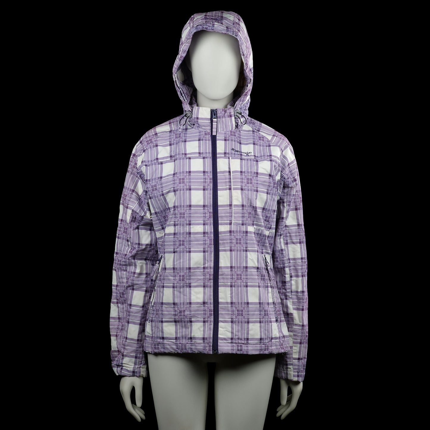 Catmandoo /ah - Windbreaker - Purple & White - Size 38 - Purple and white checked hooded jacket with a full-length front zip closure. Long sleeves with plain cuffs, straight hem, and zippered front pockets.