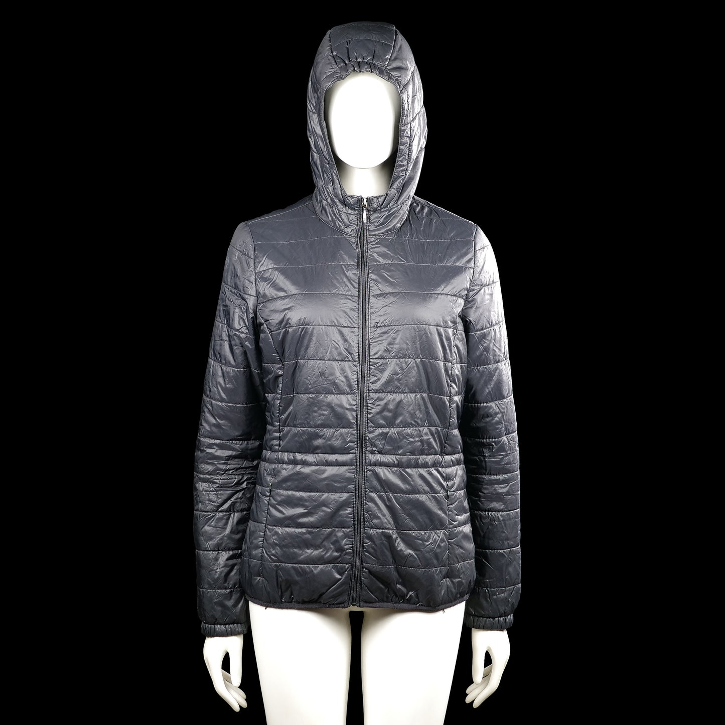 Esmara - Padded jacket - Dark Gray - Size 38 - Dark gray solid hooded quilted jacket with a full-length front zipper and long sleeves. Features elastic cuffs, a straight hem, and zip pockets at the sides.