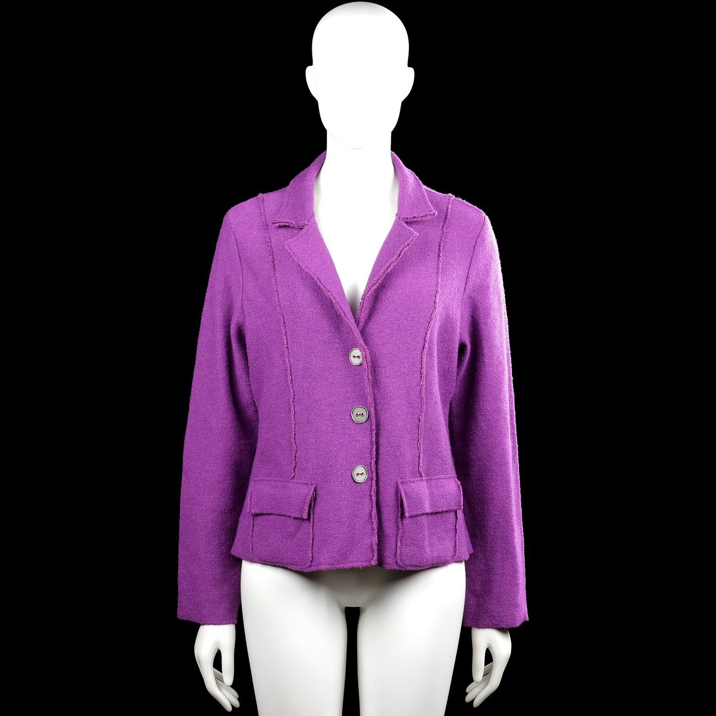 Kriss - Blazer - Purple - Size L - Purple solid jacket with a V-neck lapel collar and long sleeves. Features a front button closure, two front flap pockets, plain cuffs, and a straight hem.