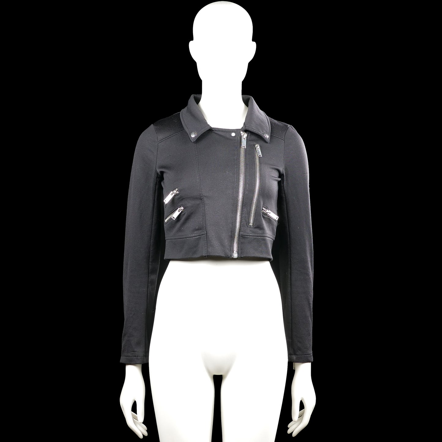 Coolcat - Biker jacket - Black - Size XS - Black solid cropped jacket with a classic collar and long sleeves. Features a front zipper closure, multiple zip pockets, zip cuffs, and a straight hem.
