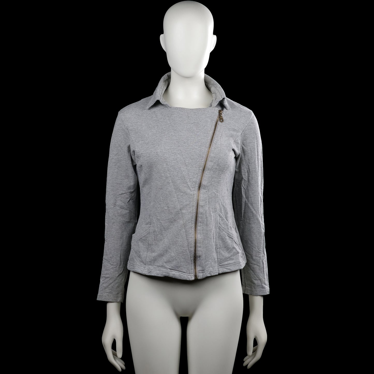 True spirit - Sweatshirt - Gray - Size M - Gray solid long-sleeve jacket with a classic collar and an asymmetrical front zip closure. Features front pockets, plain cuffs, and a straight hem.