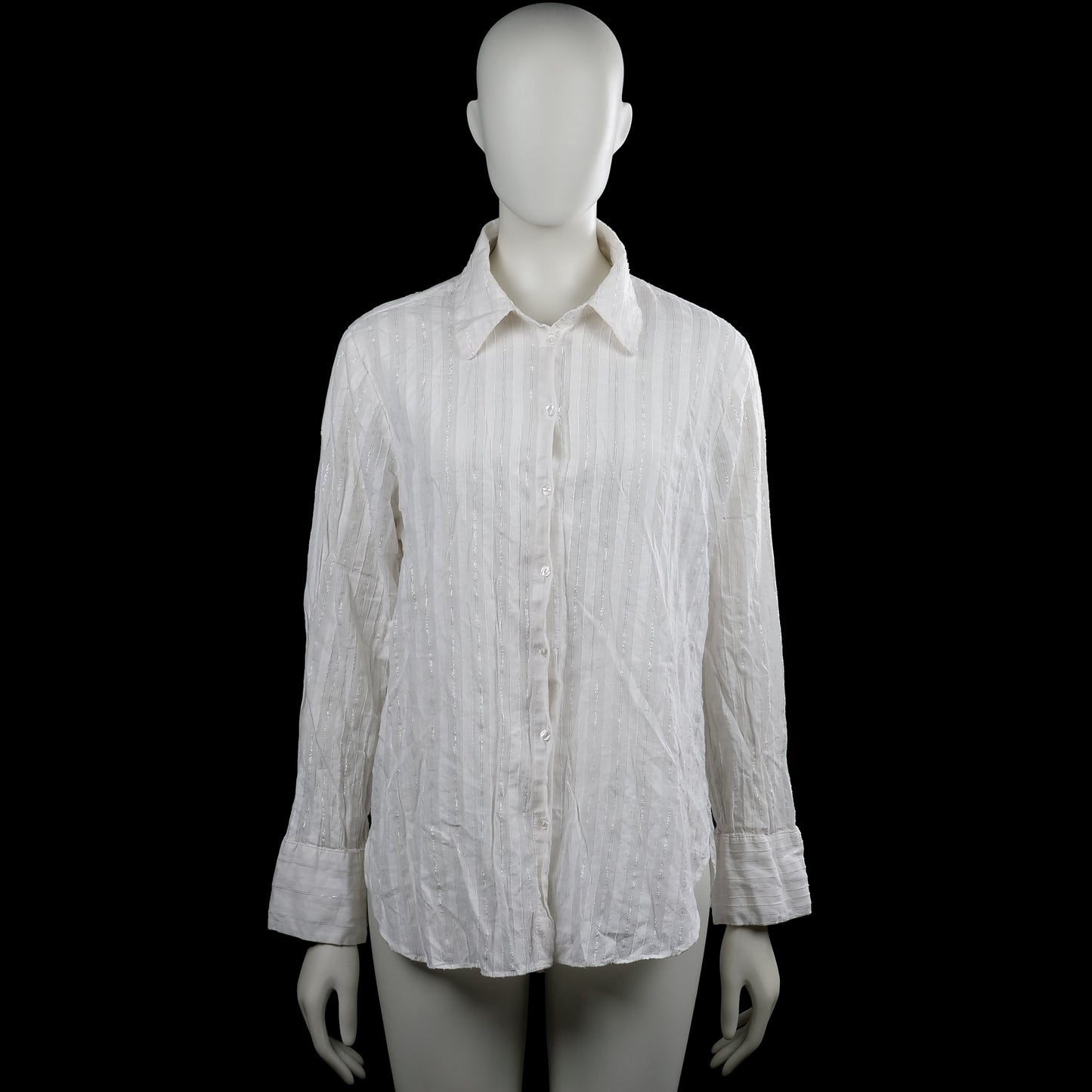 Amisu - Shirt - White - Size L - White button-up shirt with a classic collar and long sleeves. Features a vertical striped pattern, plain cuffs, and a curved hem.