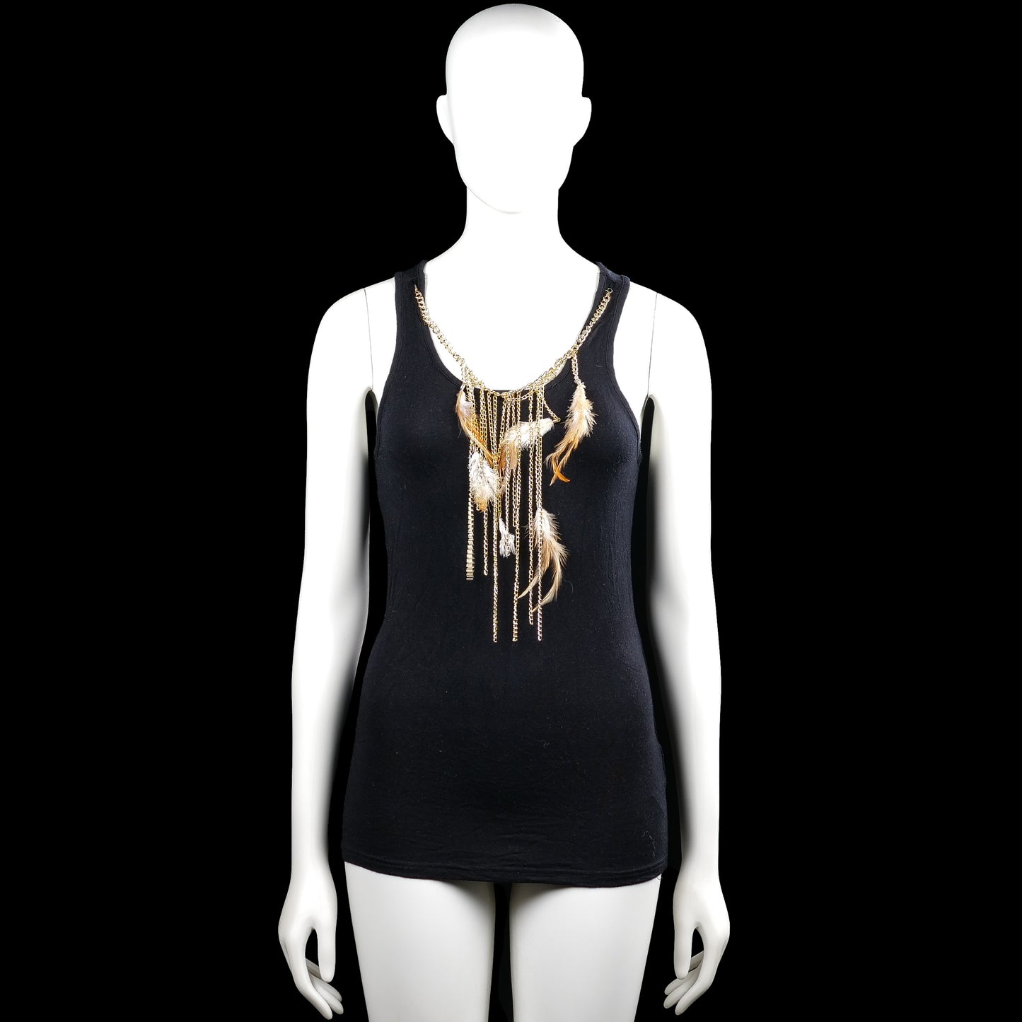 Coolcat - Tank top - Black - Size S - Black solid sleeveless top with a scoop neckline and straight hem. Features a gold-toned chain and feather detail at the front neckline.