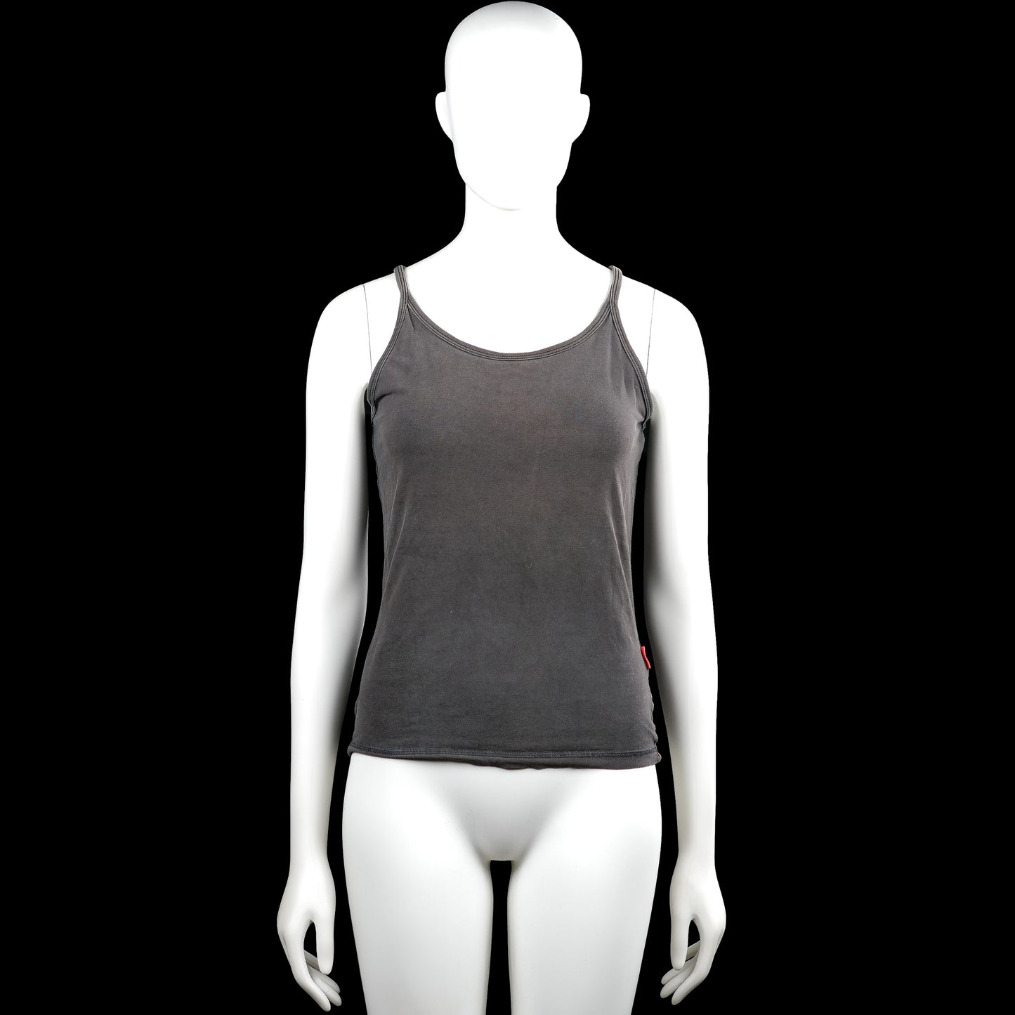 Tank top - Dark Gray - Size S - Dark gray solid sleeveless tank top with thin shoulder straps and a scoop neckline. Straight hem with plain armhole and neckline trim.