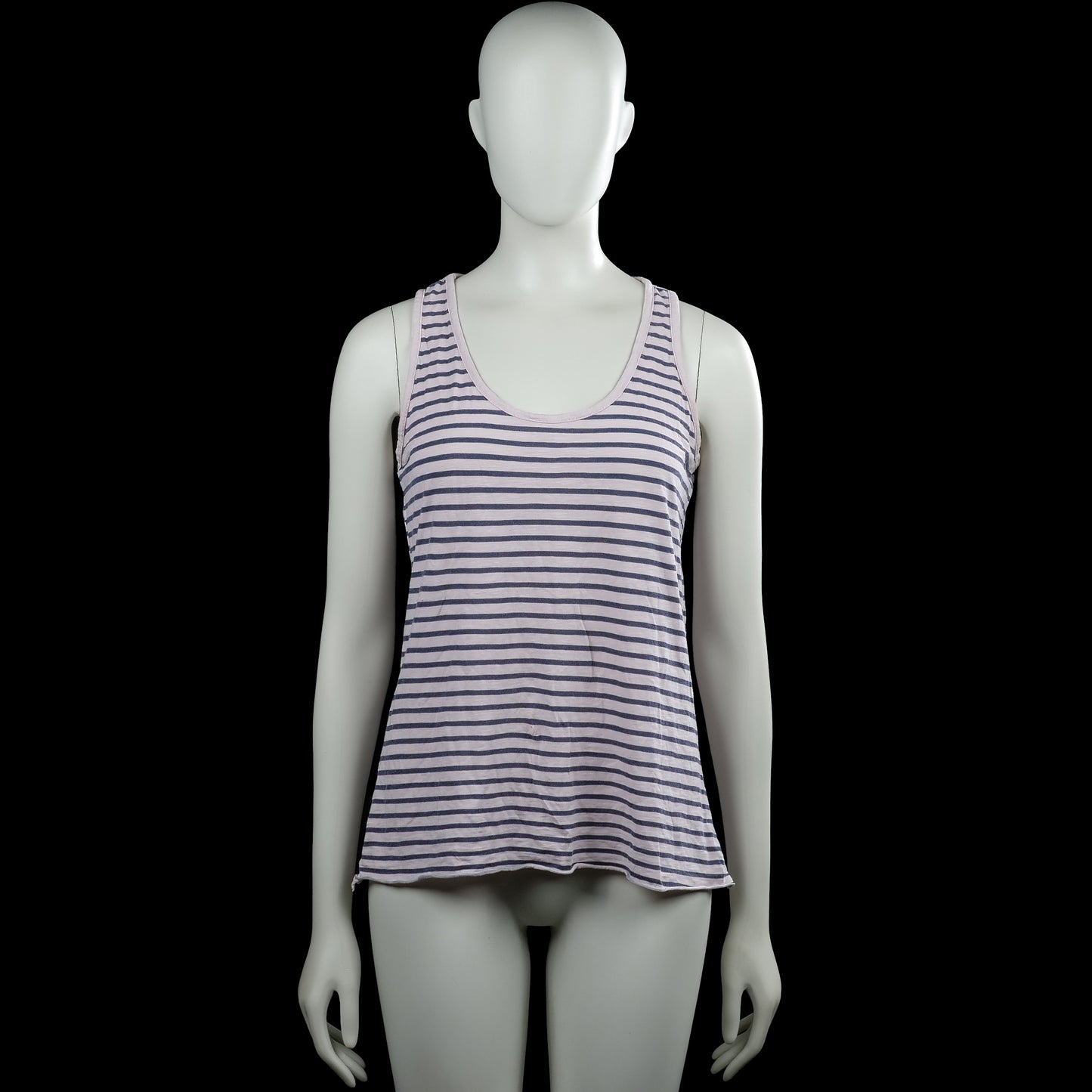 Tank top - White & Navy - Size M - White and navy striped sleeveless top with a scoop neckline and plain armhole trim. Straight hem with no visible closures or pockets.