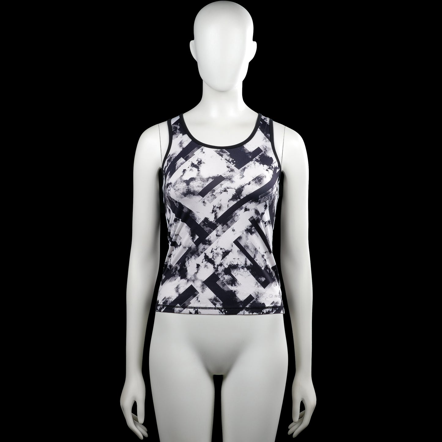 Soc - Tank top - White & Black - Size 146, 152 - White and black sleeveless top with a round neckline and an allover abstract print. Features black trim at the armholes and neckline, a racerback panel, and a straight hem.