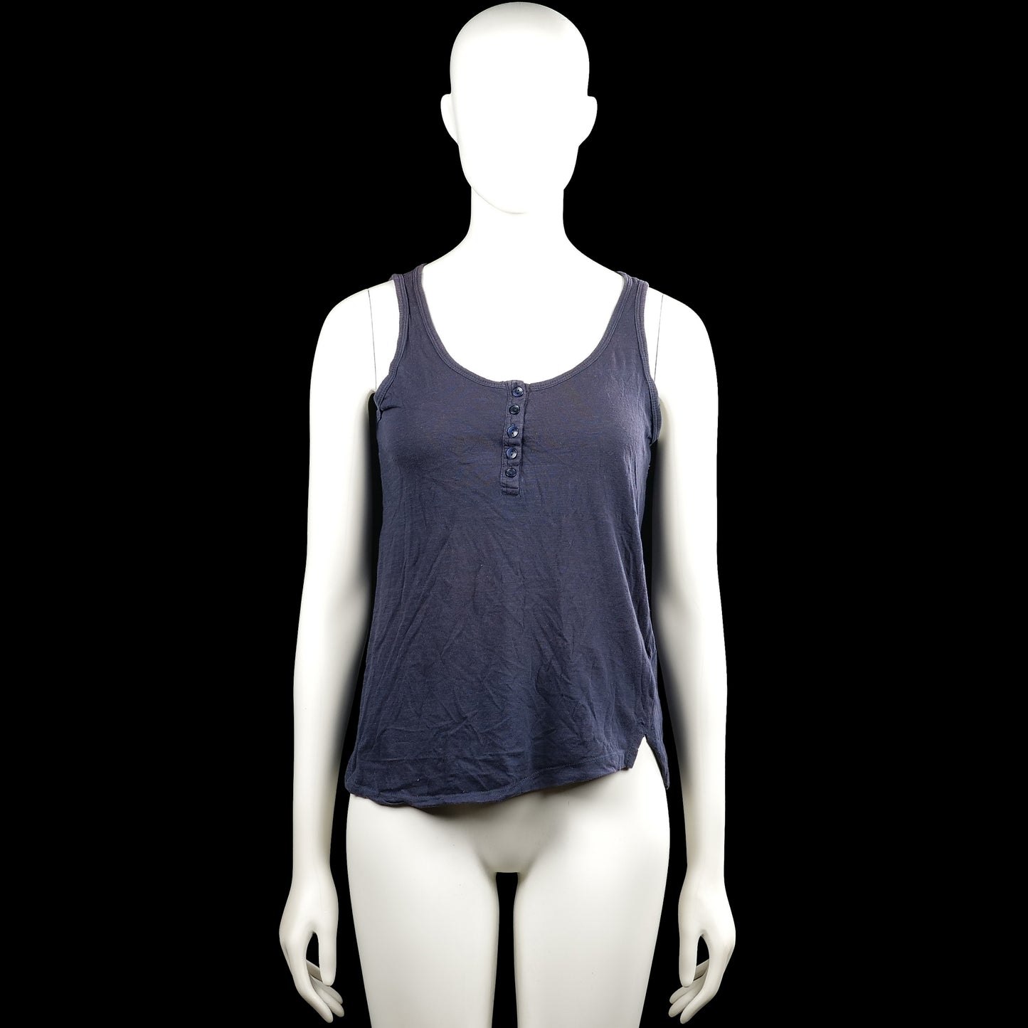 Ellos - Tank top - Navy - Size 34, 36 - Navy solid sleeveless top with a scoop neckline and a short button placket at the center front. Straight hem with small side slits.