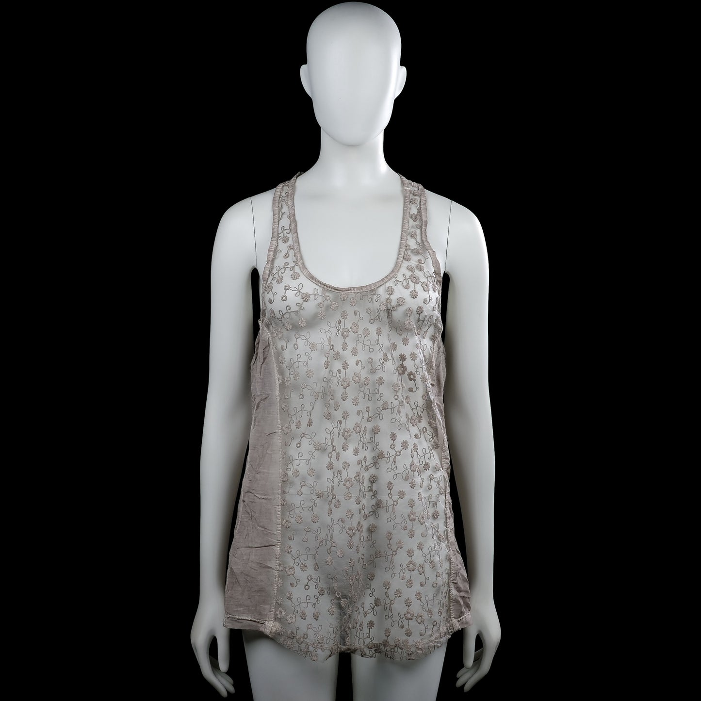 Tank top - Beige & Ivory - Size M - Sleeveless ivory and beige top with a scoop neckline and a racerback. Features a repeating floral pattern and a curved hem.