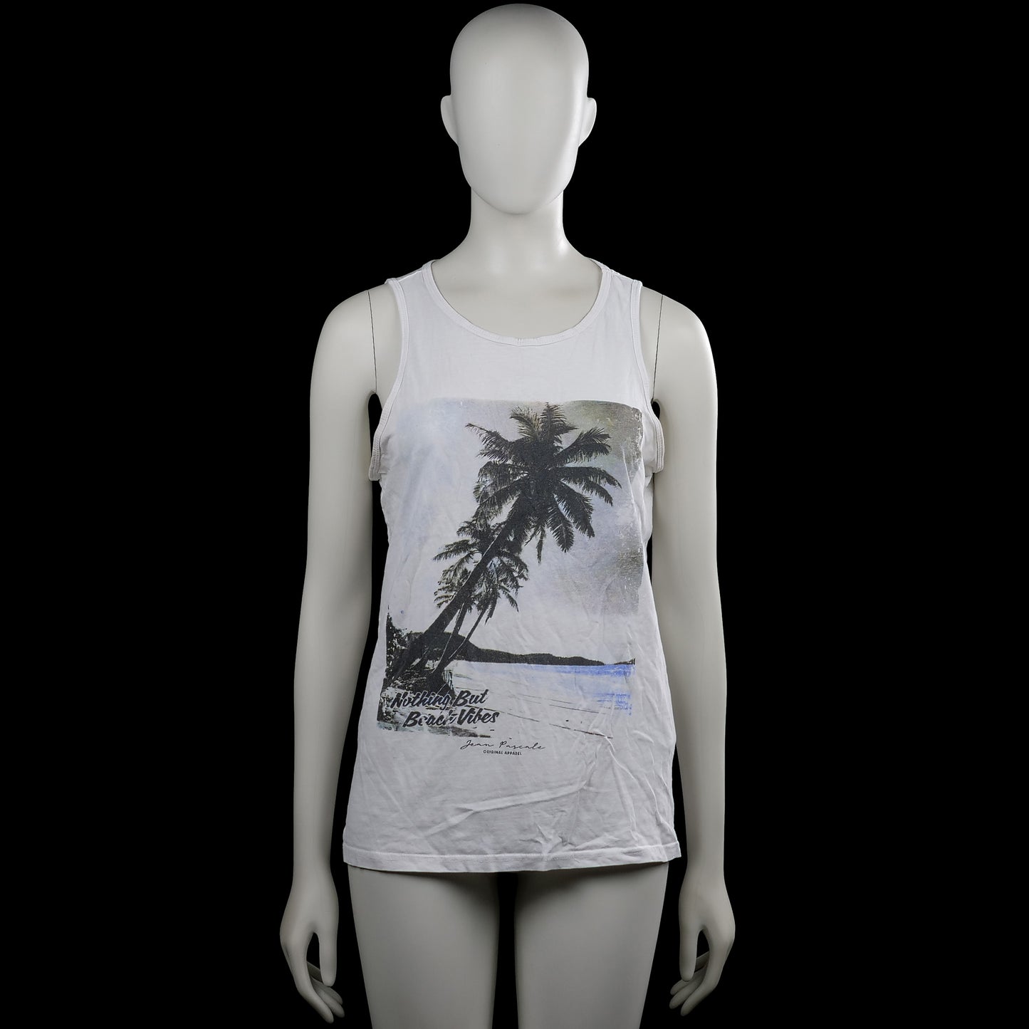 Jean Pascale - Tank top - White & Black - Size S - White sleeveless top with a round neck and straight hem. Features a large black printed graphic on the front.