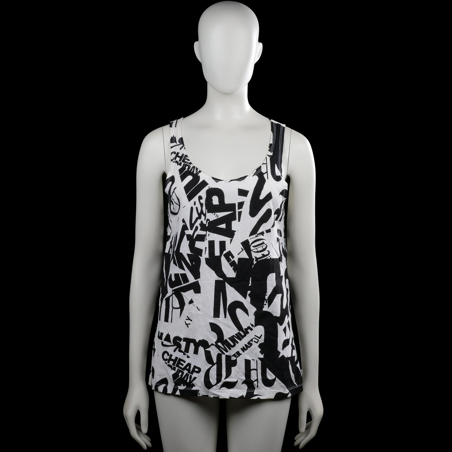 Tank top - White & Black - Size M - White sleeveless top with a scoop neckline and an all-over black graphic text print. Straight hem and plain armholes with no visible closures.