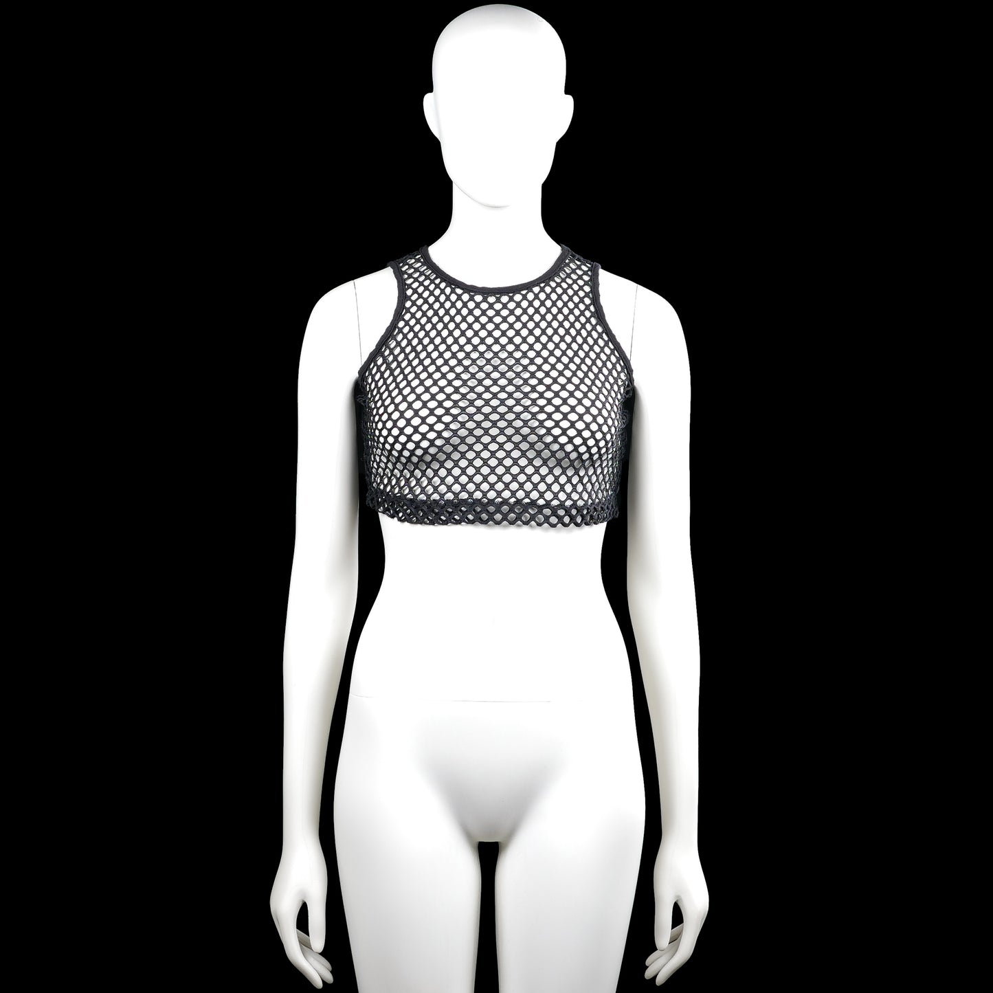 Tank top - Black & White - Size XS - Black and white sleeveless crop top with a round neck and an open mesh design. Straight hem with plain edging and no visible closure.