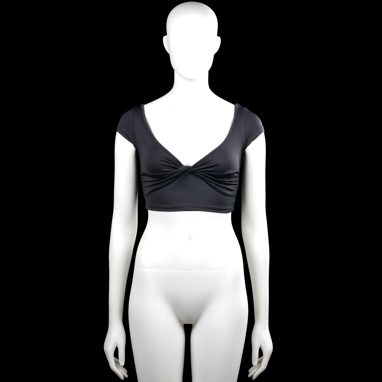 Madlady - T-shirt - Black - Size XS - Black solid crop top with a scoop neckline and short sleeves. Features a twisted gathered detail at the front and a straight hem.