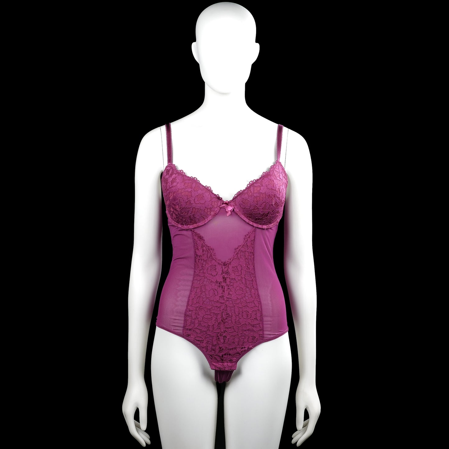 Bodysuit - Purple - Size L - Purple sleeveless bodysuit with thin shoulder straps and a V-neckline with lace trim on the bust. Features lace floral panels on the front and a straight hem with a back hook closure.