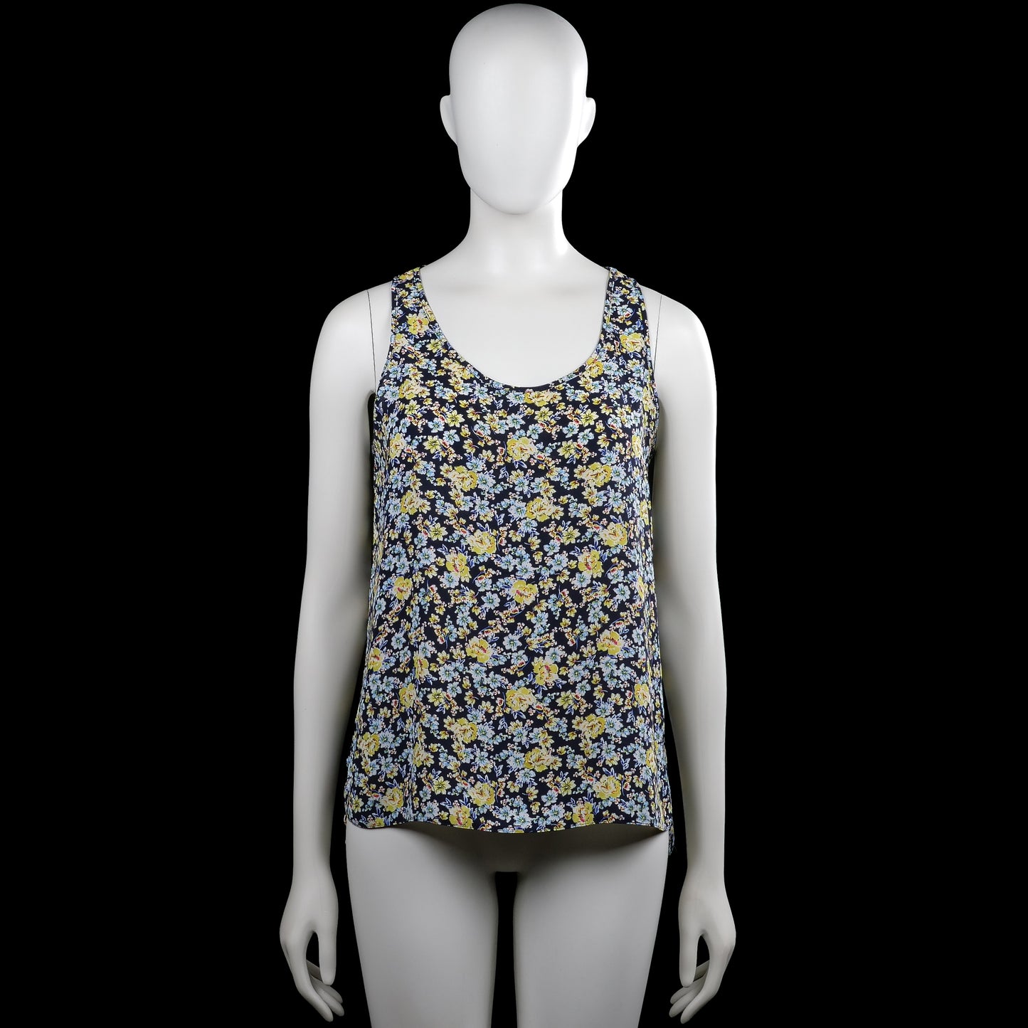 Atmosphere - Tank top - Navy & Yellow - Size 40 - Sleeveless navy top with a yellow and light blue floral pattern and a scoop neckline. Straight hem with no visible closures.