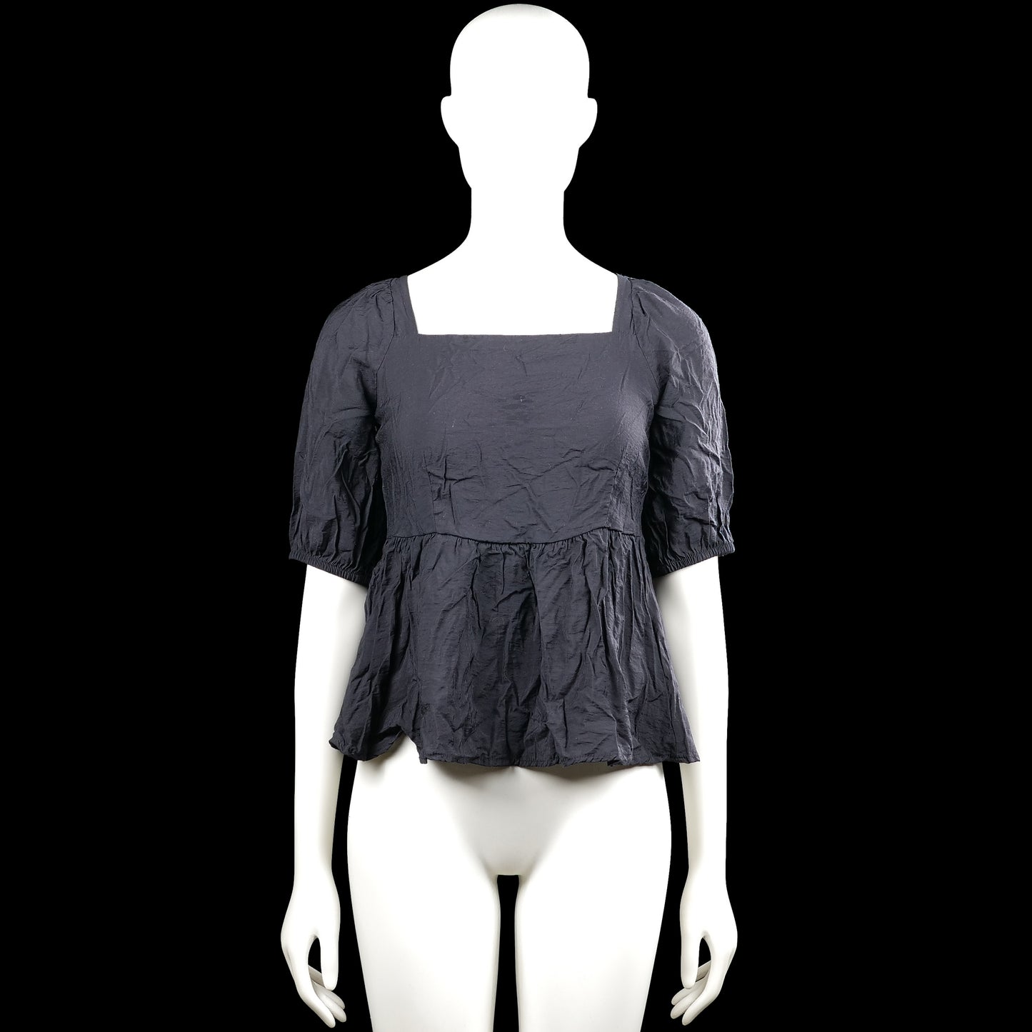 Aware - Blouse - Charcoal - Size XS - Charcoal solid top with a squared neckline and short puff sleeves with elastic cuffs. Open back with tie closures and a ruffled hem.