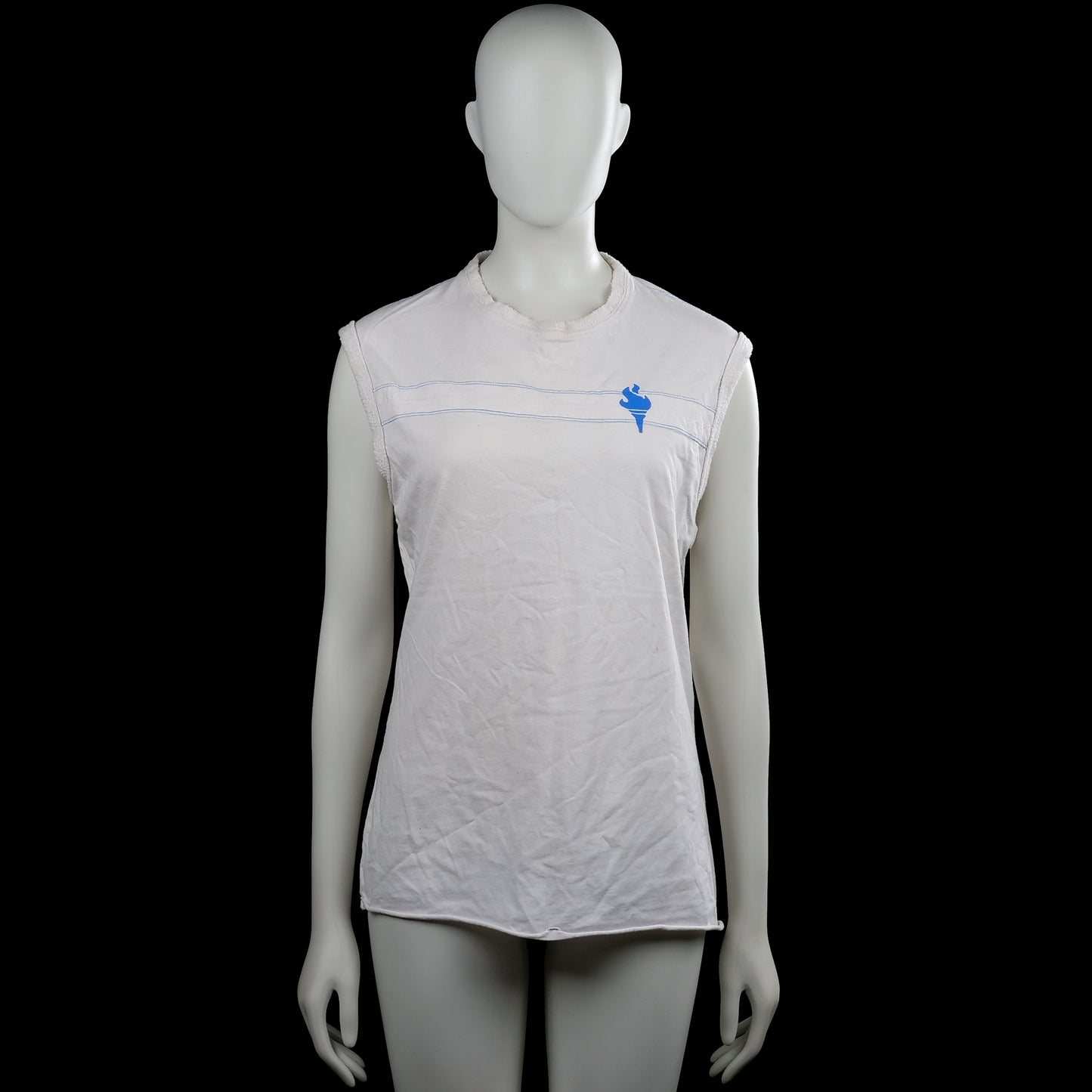 Clockhouse - Tank top - White & Light Blue - Size L - White sleeveless top with a round neckline and straight hem. Features light blue horizontal lines across the chest and a small blue graphic on the front.