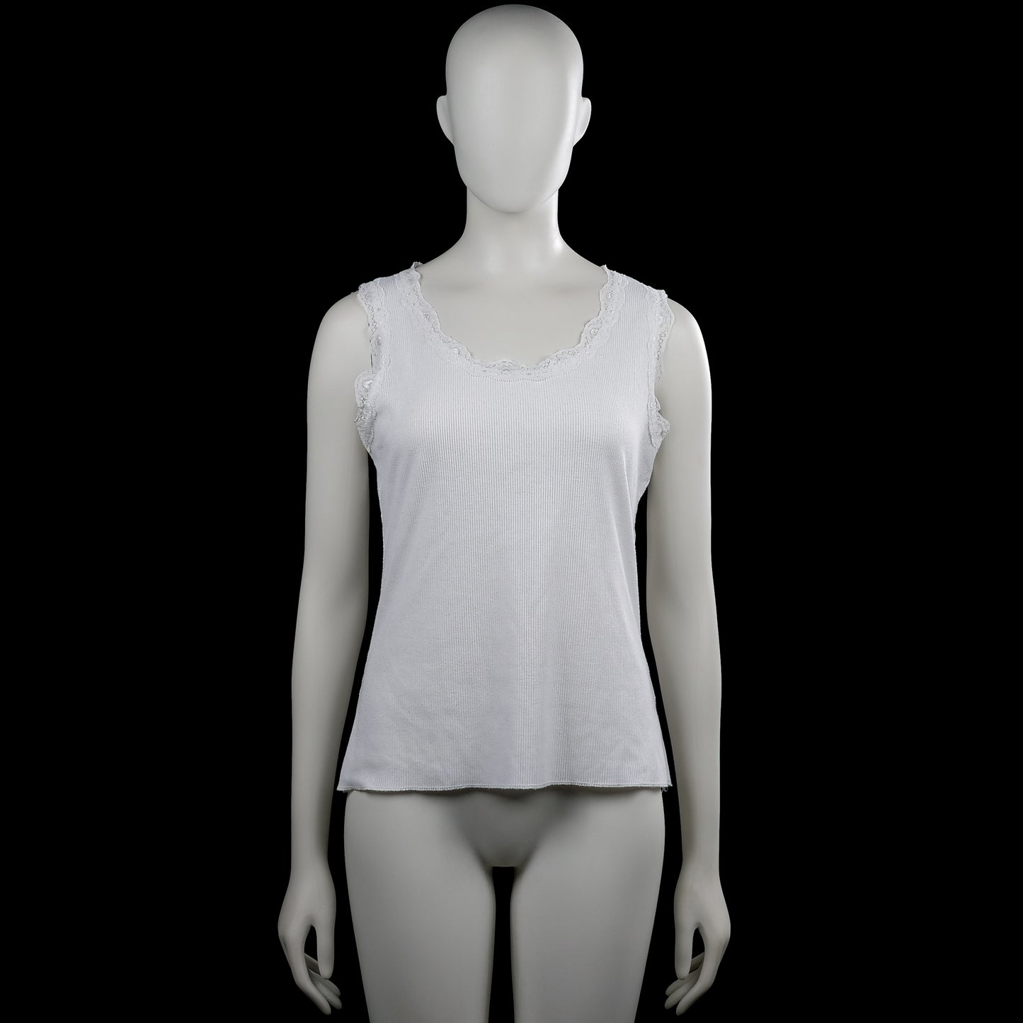 Ofelia - Tank top - White - Size L - White solid sleeveless top with a scoop neckline and lace trim along the neckline and armholes. Straight hem with no visible closures.