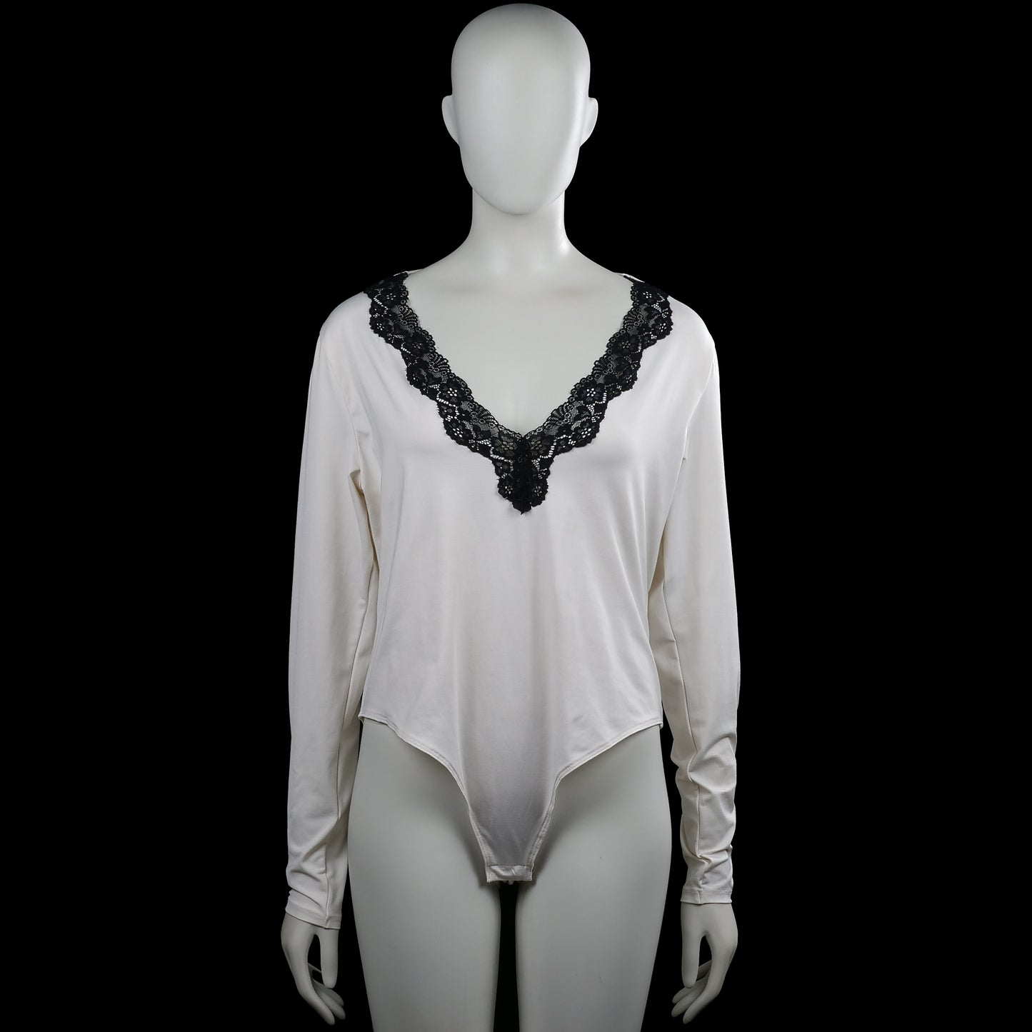 H&M - Bodysuit - White & Black - Size XL - White solid long-sleeve top with a V-neck trimmed in black lace. Straight hem and plain cuffs.