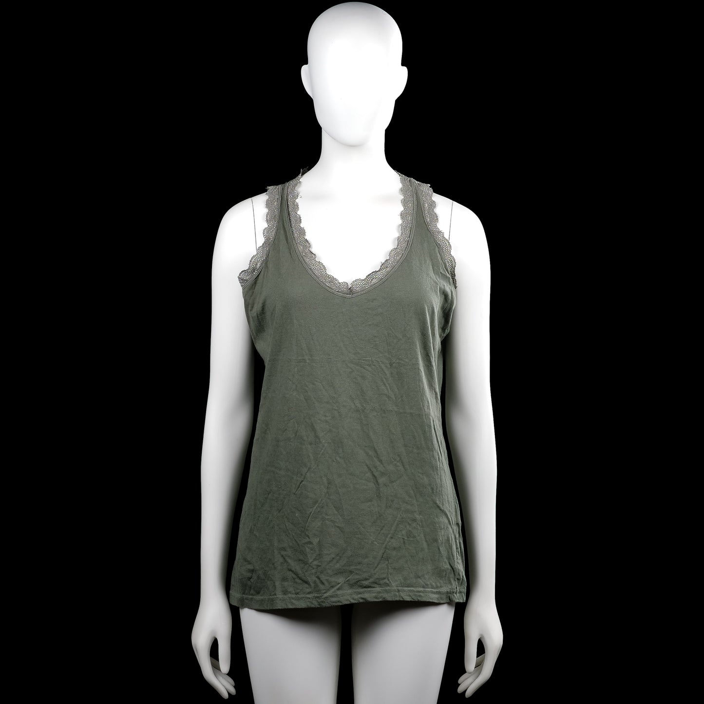 Zeeman - Tank top - Olive & Gray - Size L - Olive sleeveless top with a scoop neckline and gray lace trim along the neckline and armholes. Features a straight hem.