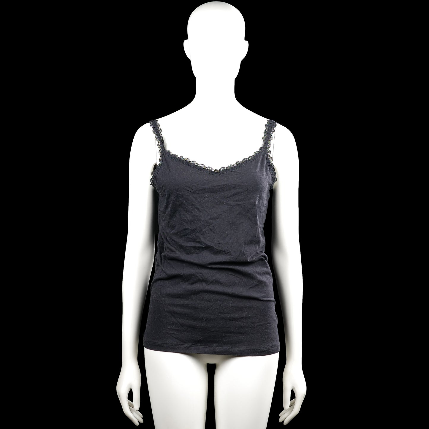 Hema - Tank top - Black - Size L - Black solid camisole with lace-trim shoulder straps and a scoop neckline. Features a straight hem.