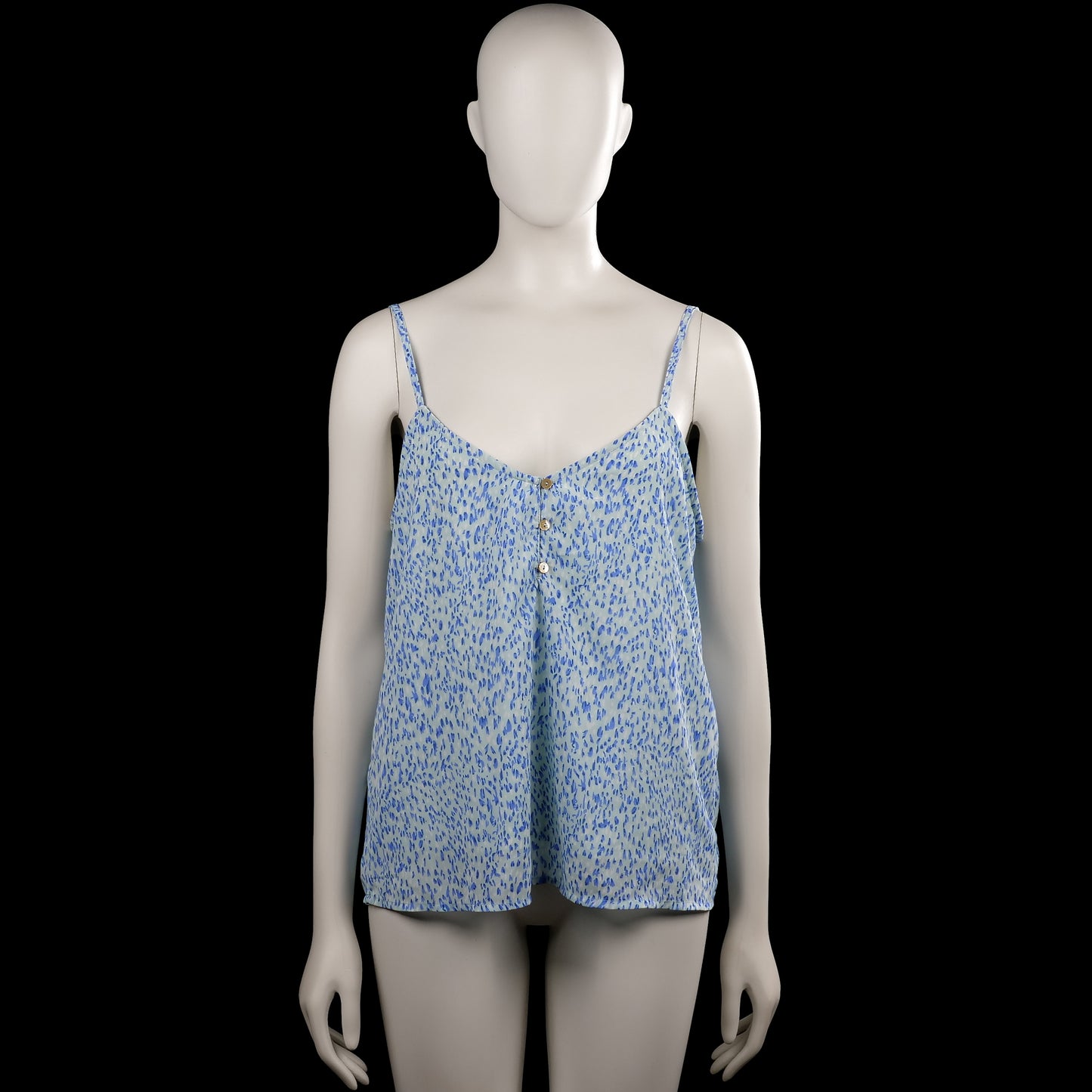Only - Tank top - Light Blue & Royal Blue - Size M - Light blue camisole top with a royal blue all-over print and thin shoulder straps. Features a V-neckline with a button-front placket and a straight hem.
