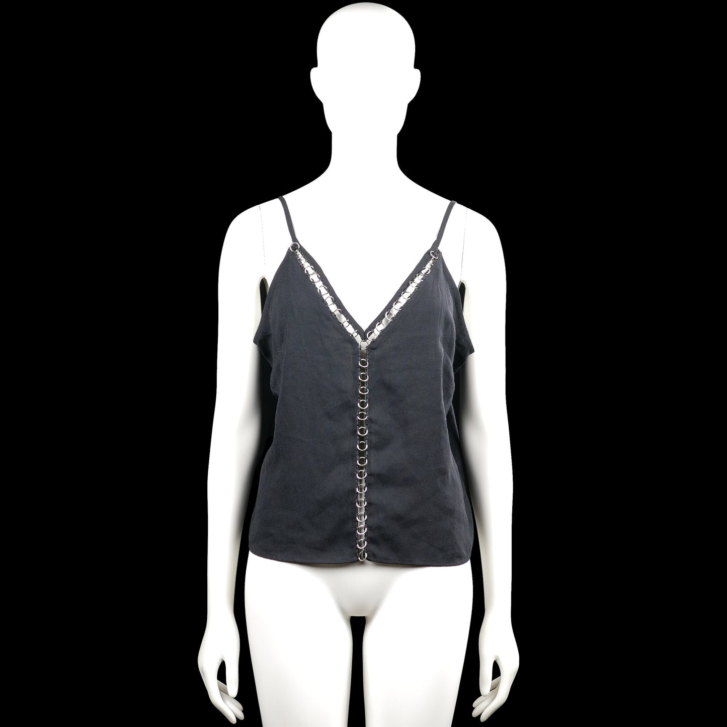 H&M - Tank top - Charcoal - Size 42 - Charcoal solid sleeveless camisole with thin shoulder straps and a V-neckline. Features metal ring trim along the neckline and center front, and an asymmetrical hem.