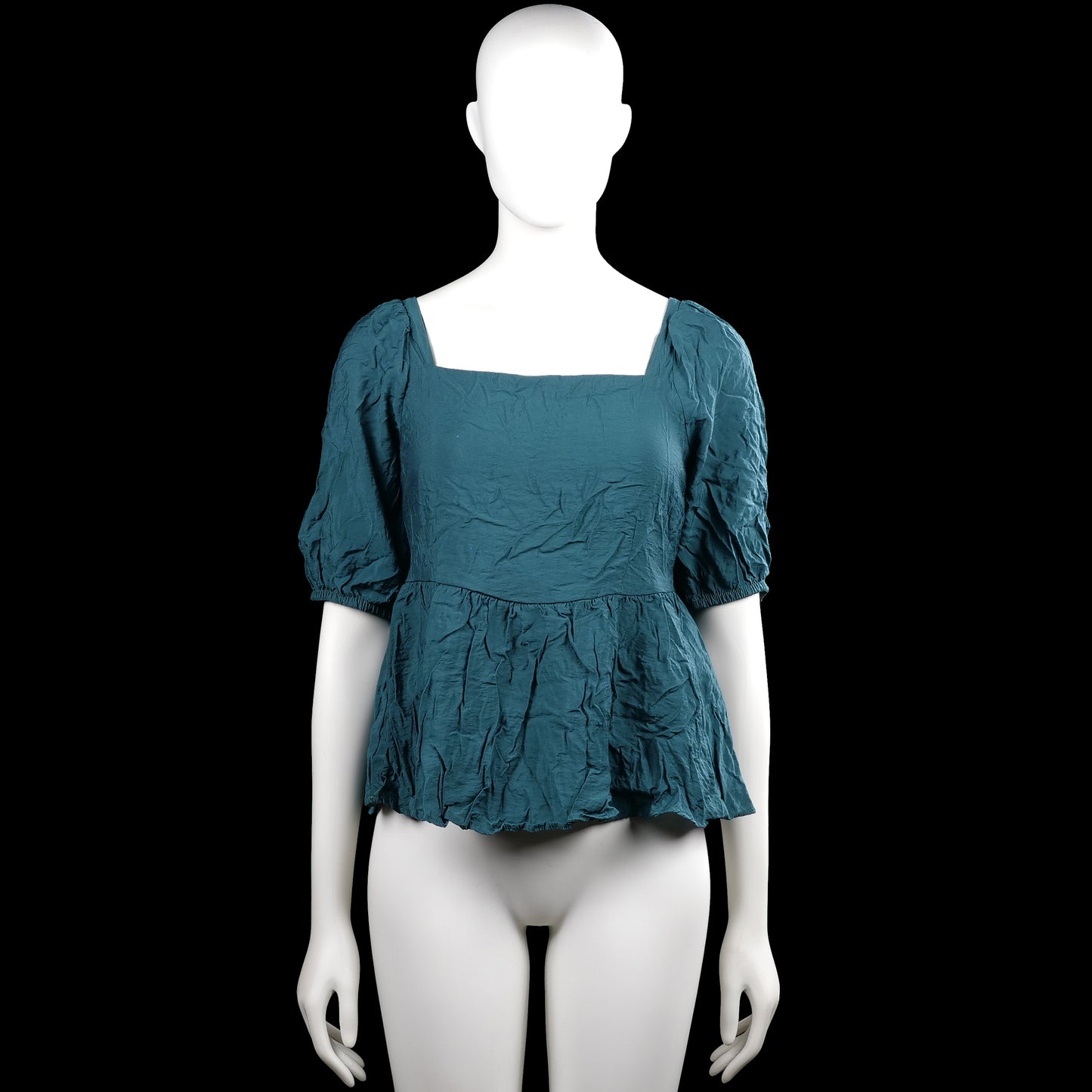 Aware - Blouse - Turquoise - Size XS - Turquoise solid top with a squared neckline and short puff sleeves with elastic cuffs. Features a straight hem and tie closures with a back cutout.
