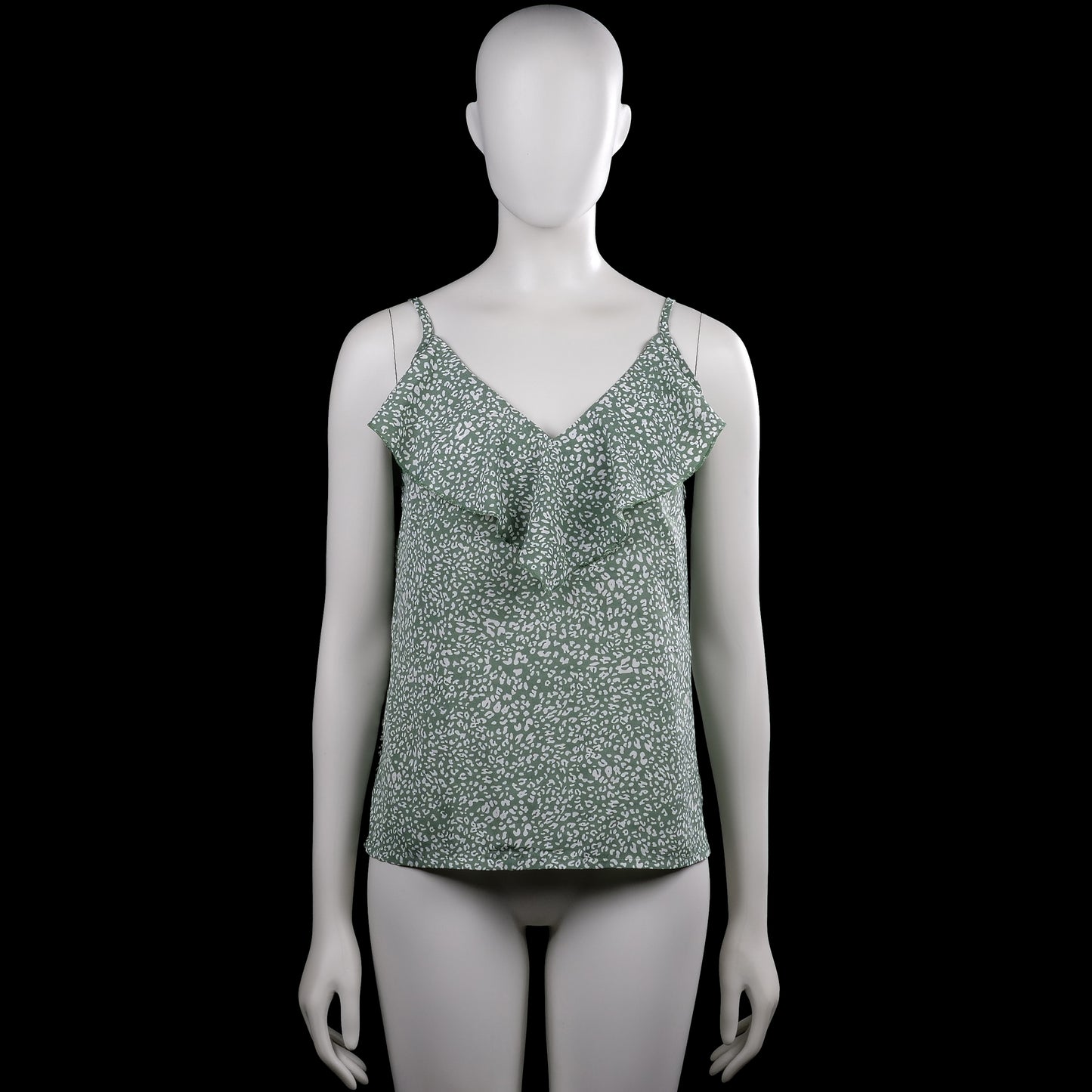 Shein - Tank top - Sage & White - Size M - Sage camisole top with white all-over print and a V-neckline. Sleeveless with spaghetti straps, a layered ruffle detail at the front, and a straight hem.
