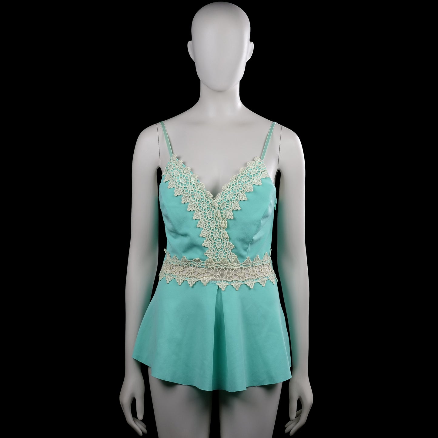 Tank top - Turquoise & White - Size S - Turquoise sleeveless top with spaghetti straps and a V-neckline trimmed with white lace. Features a white lace band around the waist and a straight hem.