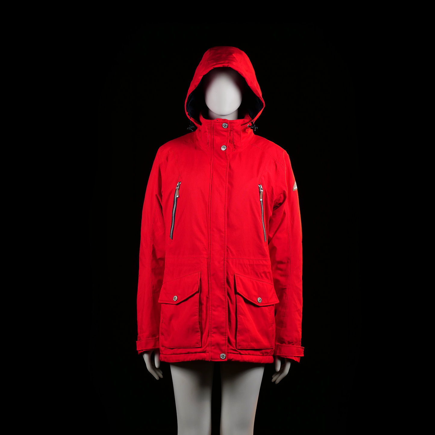 Mckinley - Parka - Red - Size 44 - Hooded jacket with high neck, front zipper and snap button placket, and flap pockets with snap closures. Features vertical zippered chest pockets and adjustable cuffs.