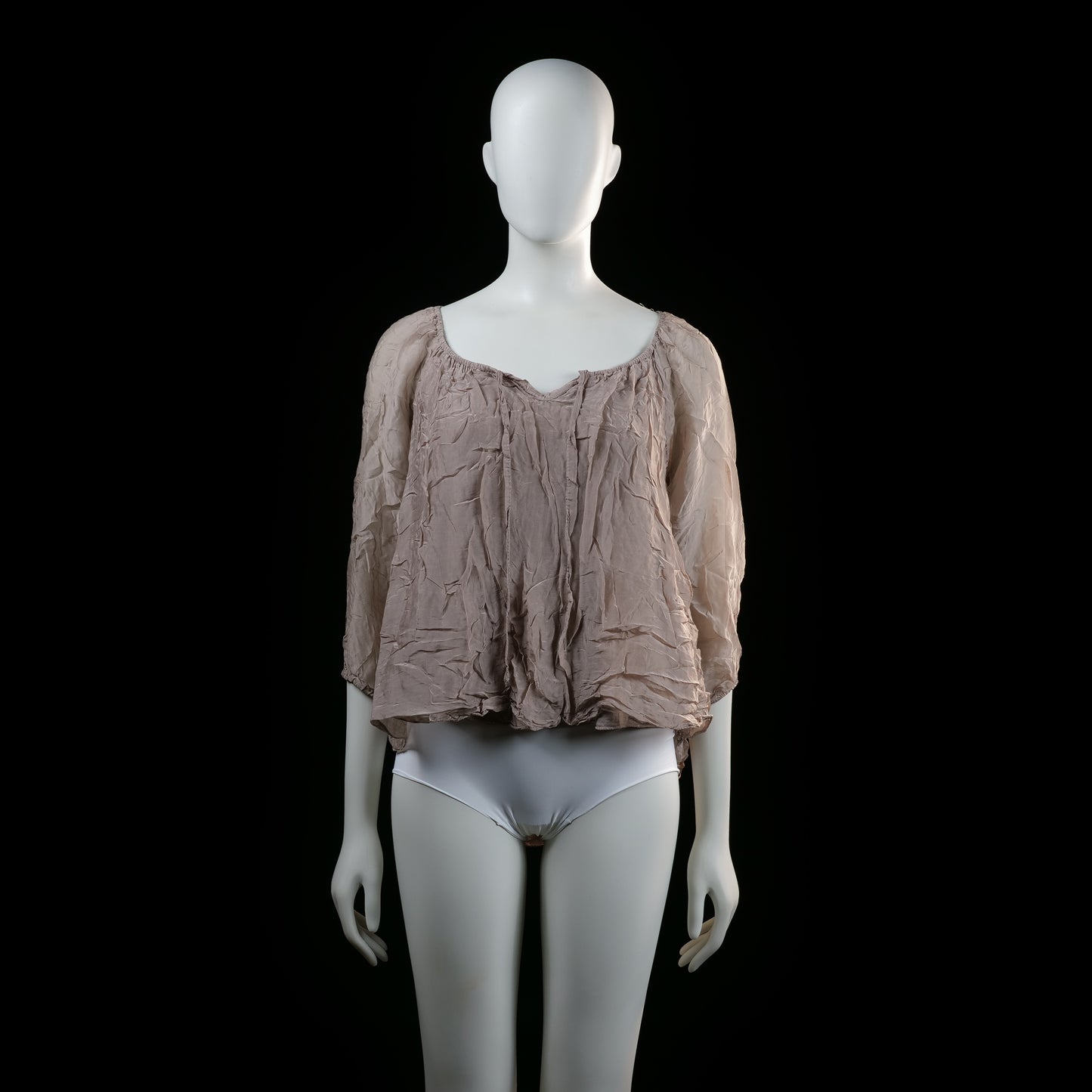 Made In Italy - Blouse - Taupe - Size S - Loose-fitting top with a gathered scoop neckline and 3/4 length sleeves. Features a crinkled texture throughout and a slight high-low hem.